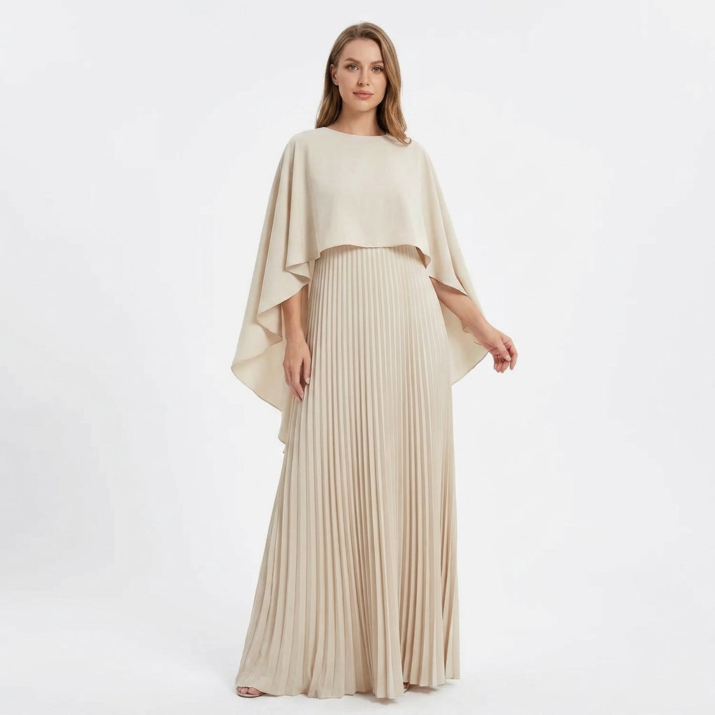 Abito lungo plissettato da donna | Elegante abito con maniche a mantella per invitata a matrimonio