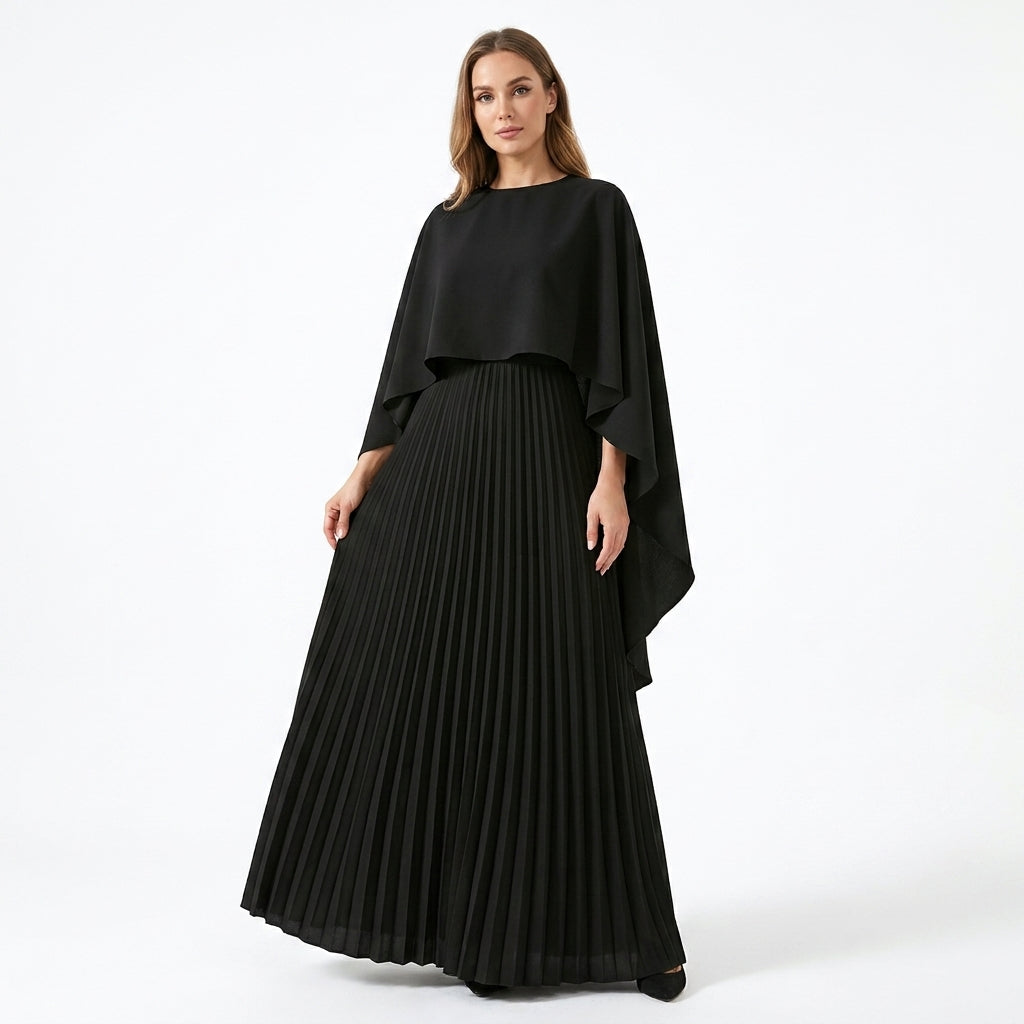 Abito lungo plissettato da donna | Elegante abito con maniche a mantella per invitata a matrimonio