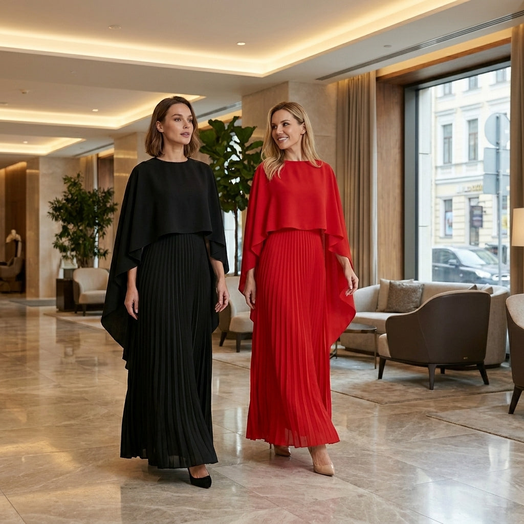 Abito lungo plissettato da donna | Elegante abito con maniche a mantella per invitata a matrimonio
