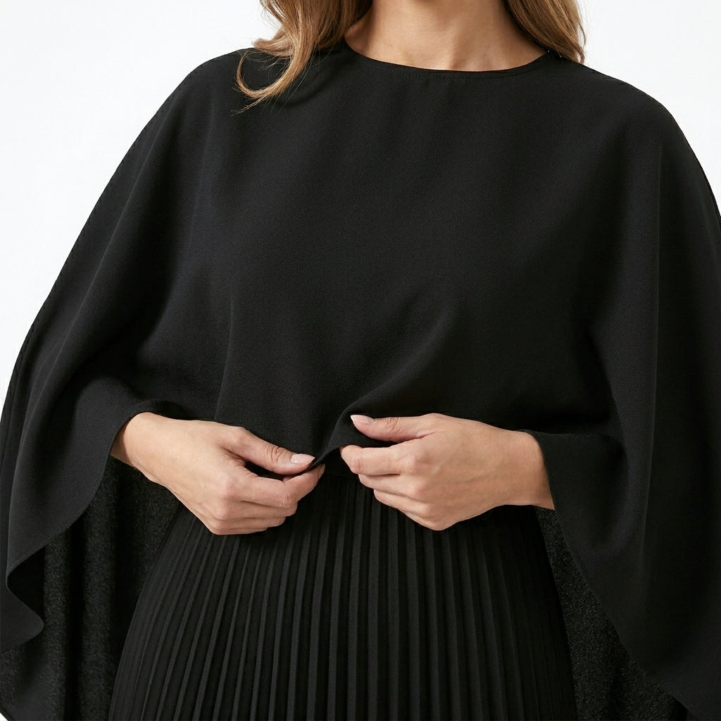 Abito lungo plissettato da donna | Elegante abito con maniche a mantella per invitata a matrimonio
