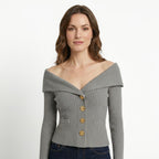 Womens Ribbed Knit Off-Shoulder Cardigan | Elegant Slim-Fit Sweater for Autumn and Winter 19