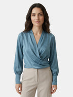 Womens Satin Blouse | Elegant V-Neck Puff Sleeve Top | Flattering Pleated Waist 4