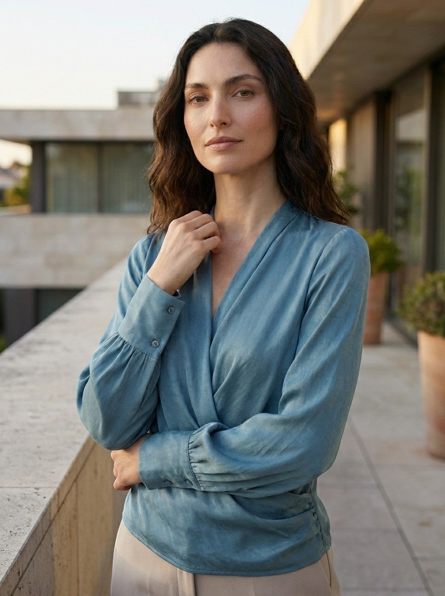 Womens Satin Blouse | Elegant V-Neck Puff Sleeve Top | Flattering Pleated Waist 2