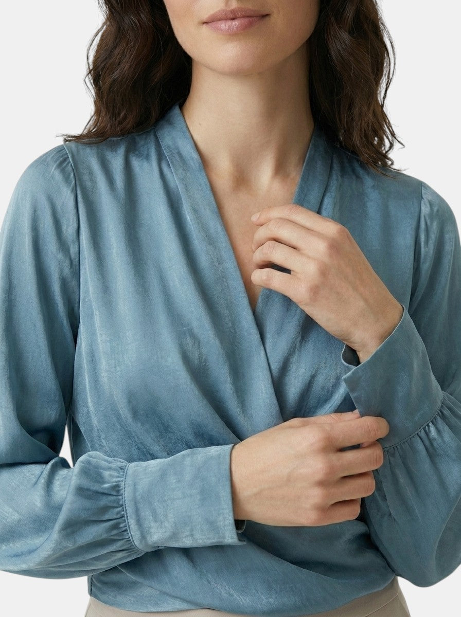 Womens Satin Blouse | Elegant V-Neck Puff Sleeve Top | Flattering Pleated Waist 6