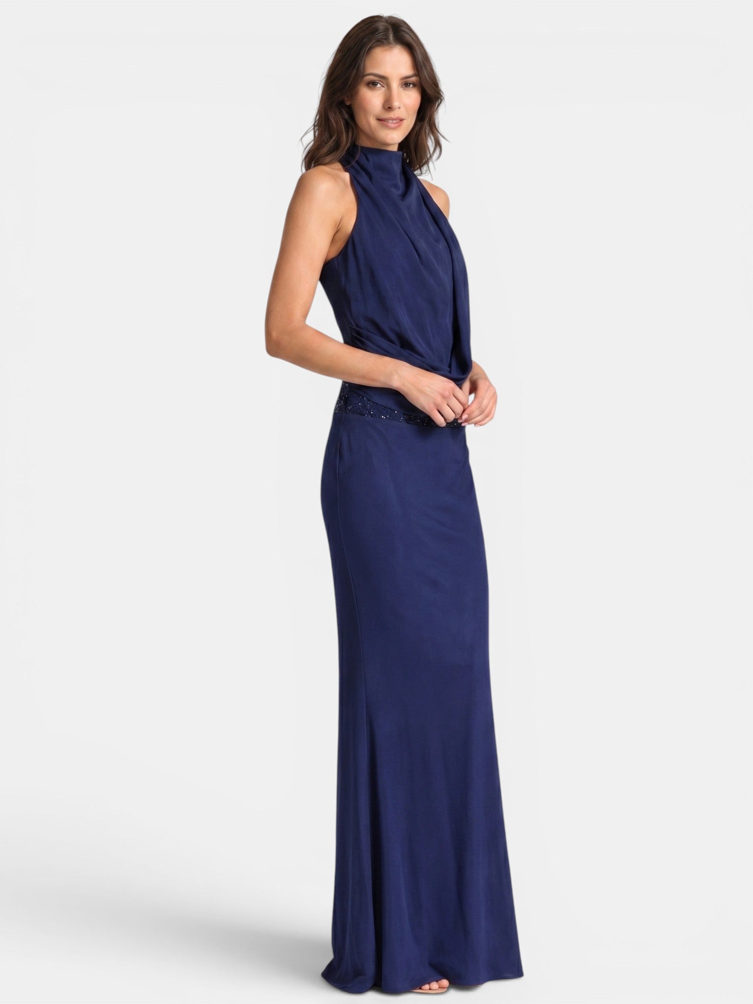 Women's Satin Maxi Dress | Draped Halter Neck Formal Gown