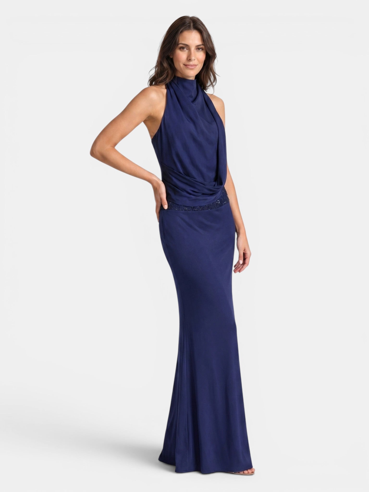Women's Satin Maxi Dress | Draped Halter Neck Formal Gown