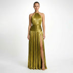 Vestido largo de satén para mujer | Elegante vestido de noche plisado con cuello halter