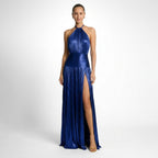 Vestido largo de satén para mujer | Elegante vestido de noche plisado con cuello halter