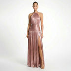 Vestido largo de satén para mujer | Elegante vestido de noche plisado con cuello halter