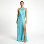 Vestido largo de satén para mujer | Elegante vestido de noche plisado con cuello halter