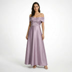 Vestido largo de satén para mujer | Elegante vestido de invitada de boda con hombros descubiertos