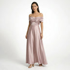 Vestido largo de satén para mujer | Elegante vestido de invitada de boda con hombros descubiertos