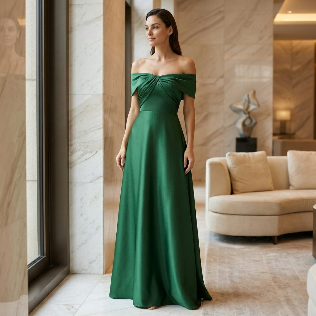 Vestido largo de satén para mujer | Elegante vestido de invitada de boda con hombros descubiertos