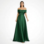 Vestido largo de satén para mujer | Elegante vestido de invitada de boda con hombros descubiertos
