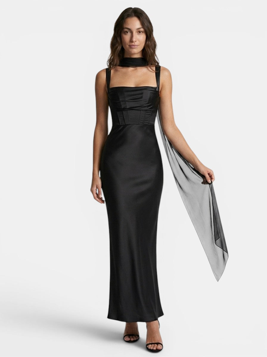 Robe longue en satin pour femme | Robe de soirée élégante plissée