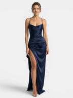 Women's Satin Maxi Dress | Ruched High Slit Evening Gown