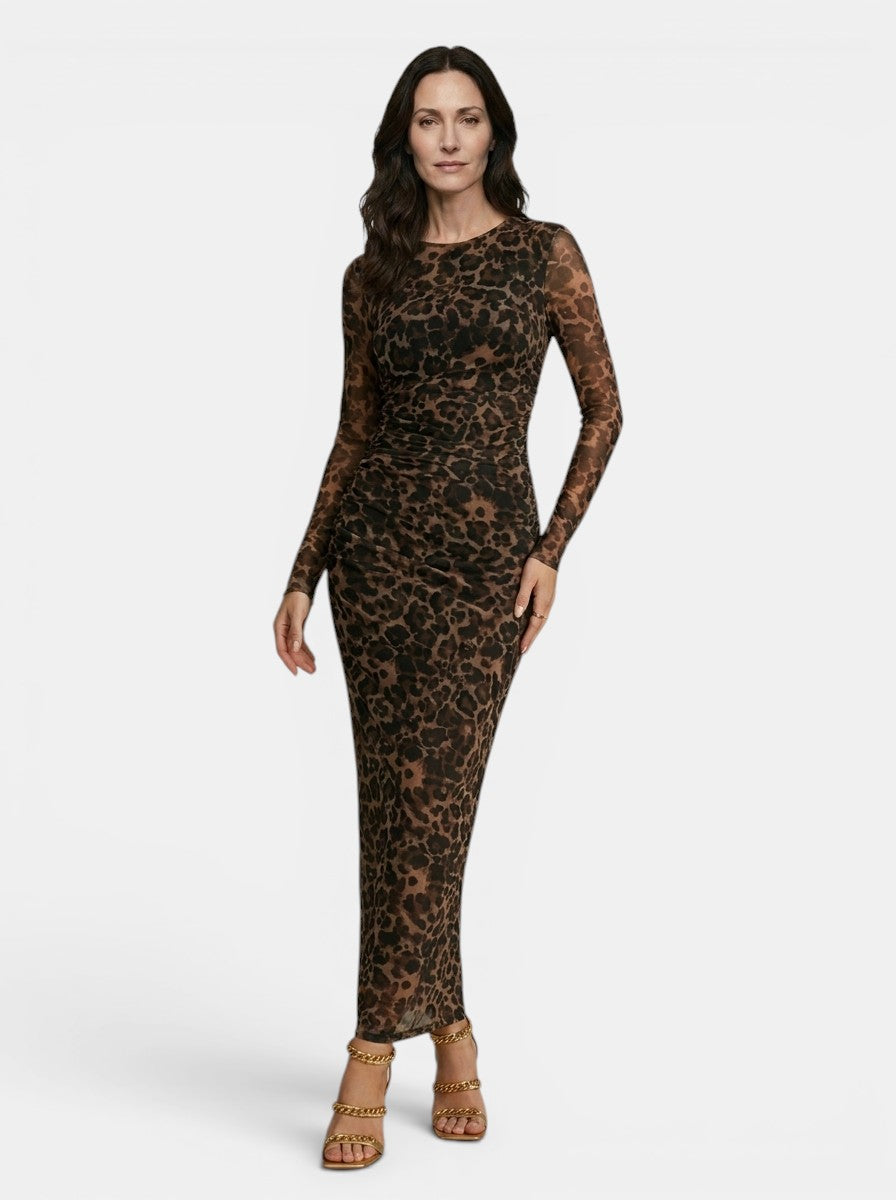 Womens Sheer Leopard Print Dress | Elegant Fitted Long Sleeve Cocktail Dress 2
