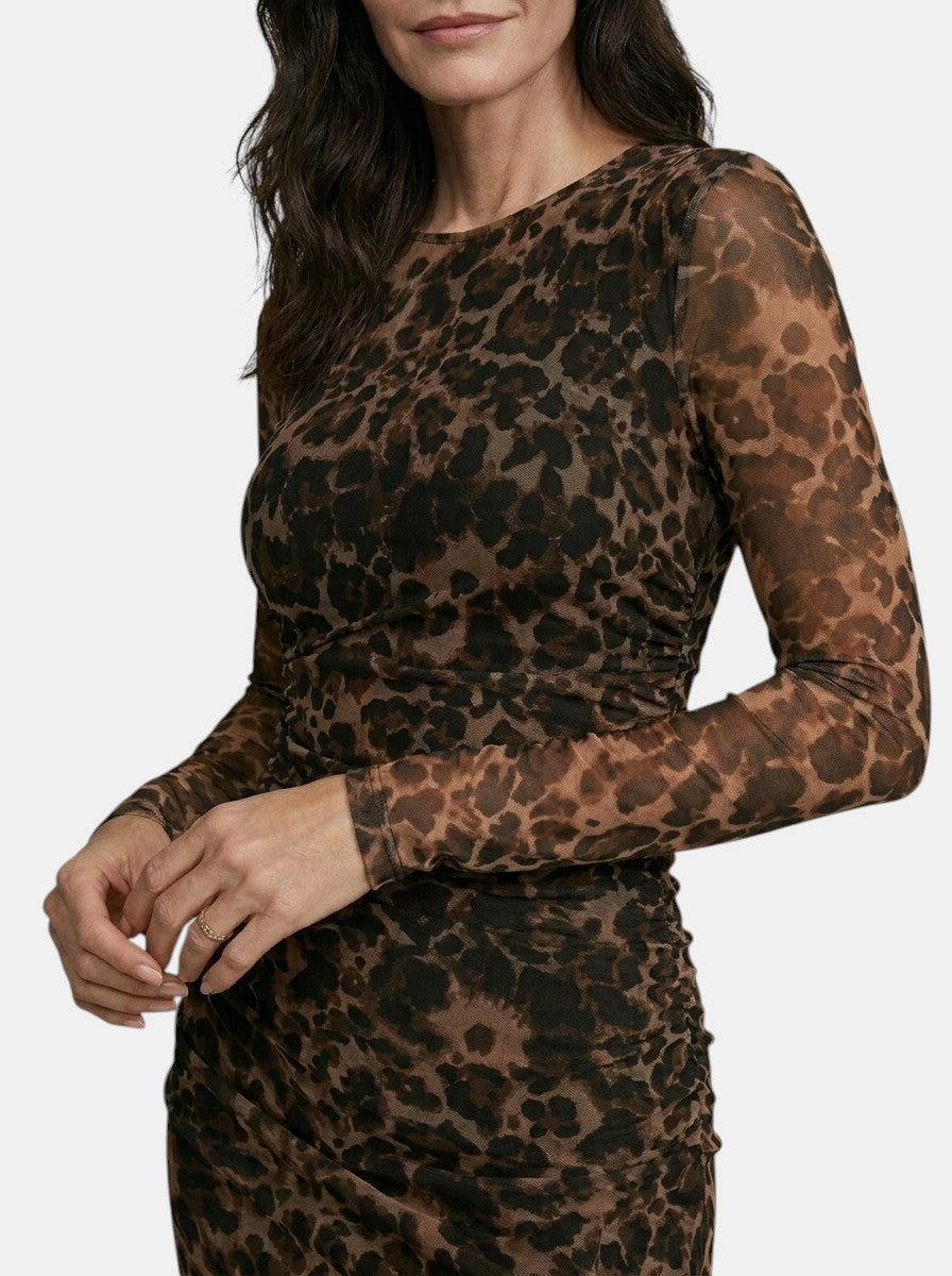 Womens Sheer Leopard Print Dress | Elegant Fitted Long Sleeve Cocktail Dress 3