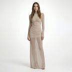 Vestido maxi de malla transparente para mujer | Elegante vestido cóctel bodycon con capas para invitadas de boda