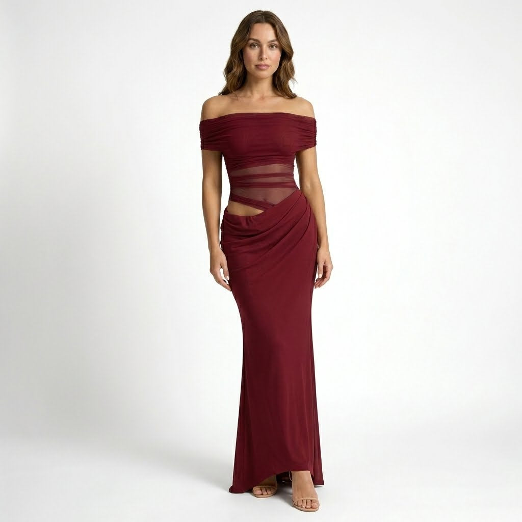 Womens Sheer Mesh Maxi Dress | Elegant Off-Shoulder Formal Gown 3