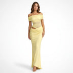 Vestido largo de malla transparente para mujer | Elegante vestido formal con hombros descubiertos
