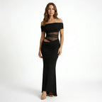 Vestido largo de malla transparente para mujer | Elegante vestido formal con hombros descubiertos