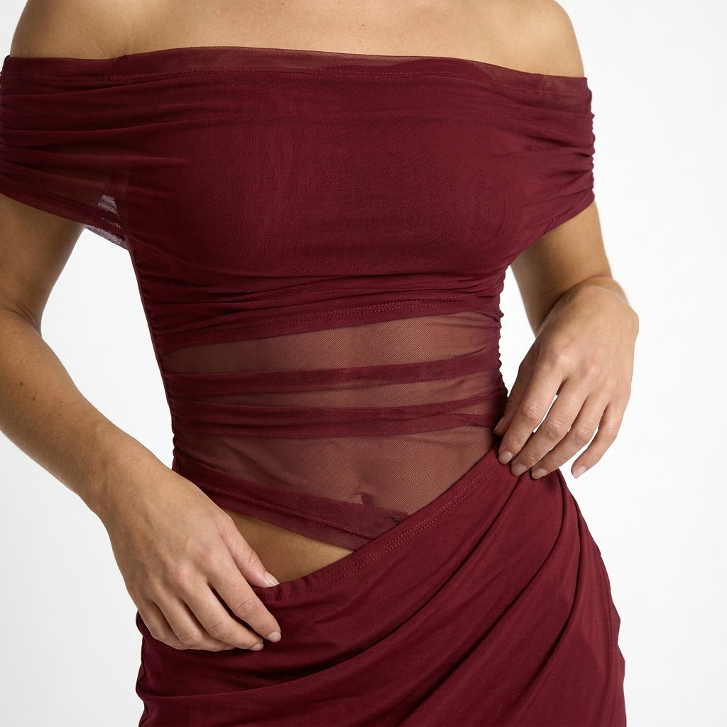 Womens Sheer Mesh Maxi Dress | Elegant Off-Shoulder Formal Gown 4