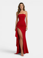 Women's Smooth Fabric Strapless Maxi Dress | Dramatic Side Slit Design