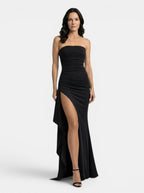 Women's Smooth Fabric Strapless Maxi Dress | Dramatic Side Slit Design