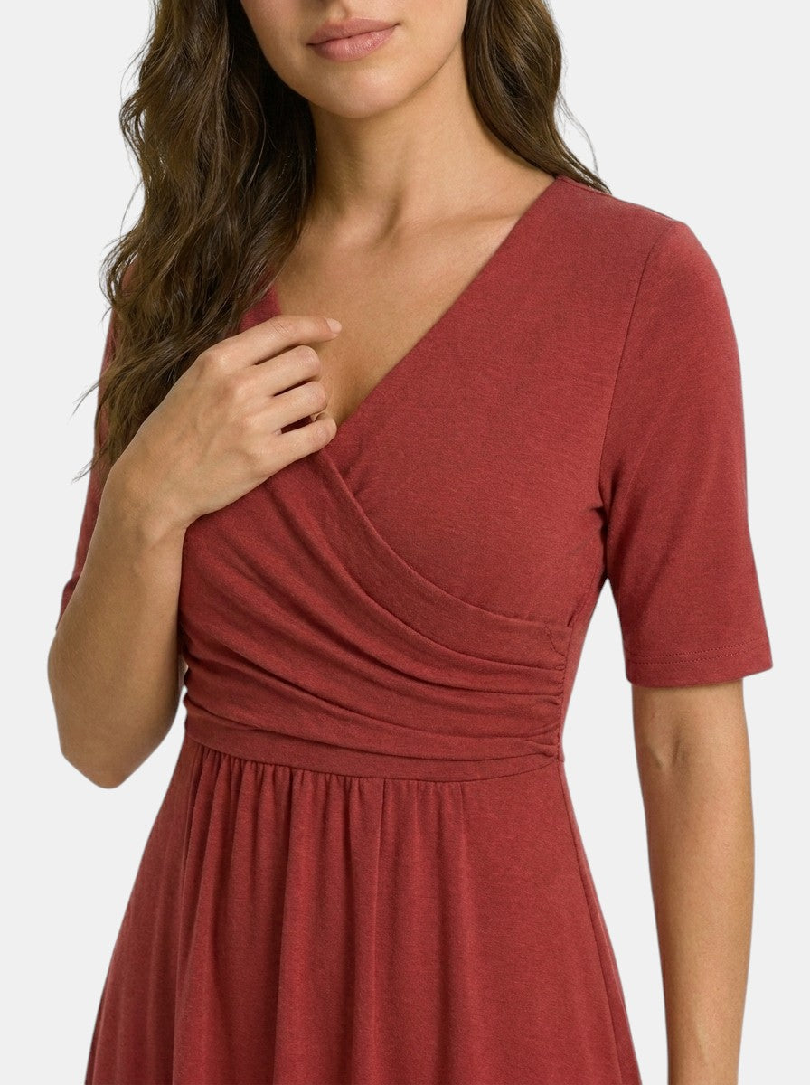 Women's Smooth Midi Dress | Elegant Wrap-Style V-Neck with Pockets