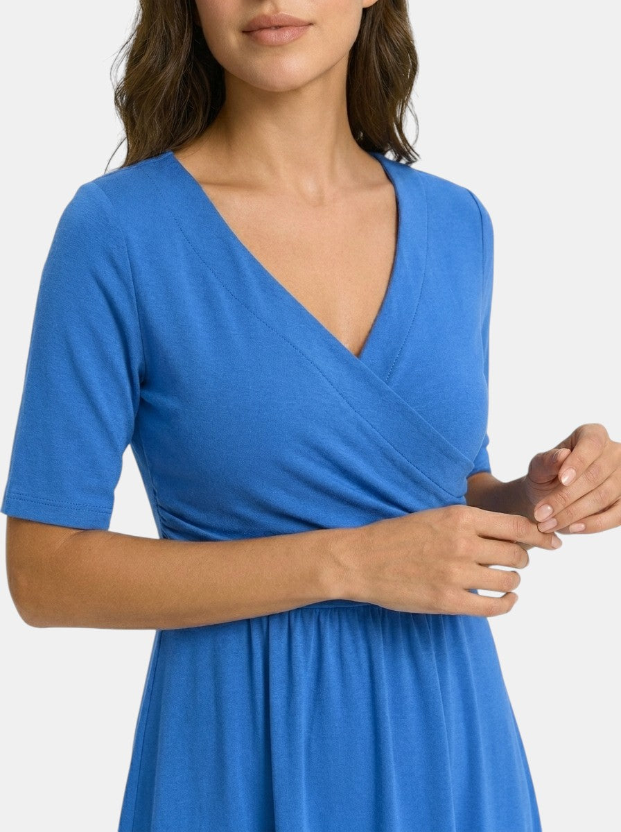 Women's Smooth Midi Dress | Elegant Wrap-Style V-Neck with Pockets