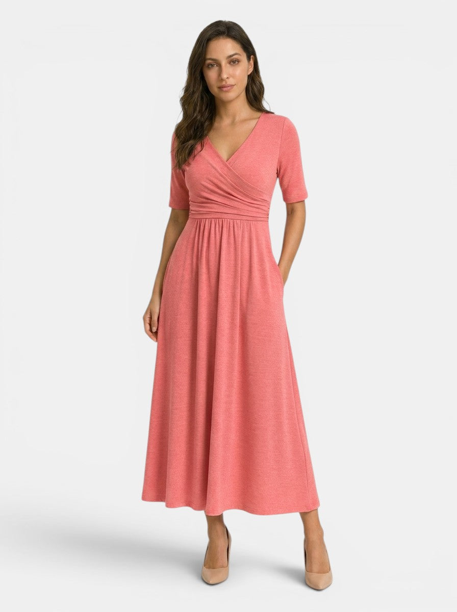 Women's Smooth Midi Dress | Elegant Wrap-Style V-Neck with Pockets