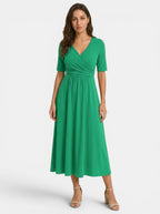 Women's Smooth Midi Dress | Elegant Wrap-Style V-Neck with Pockets