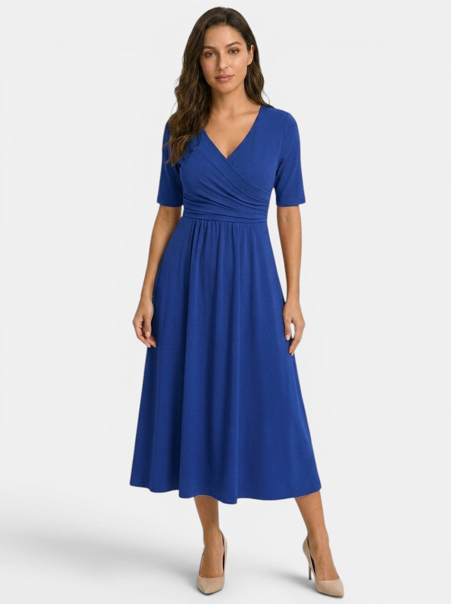 Women's Smooth Midi Dress | Elegant Wrap-Style V-Neck with Pockets