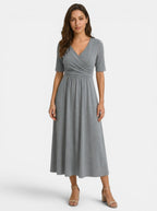 Women's Smooth Midi Dress | Elegant Wrap-Style V-Neck with Pockets