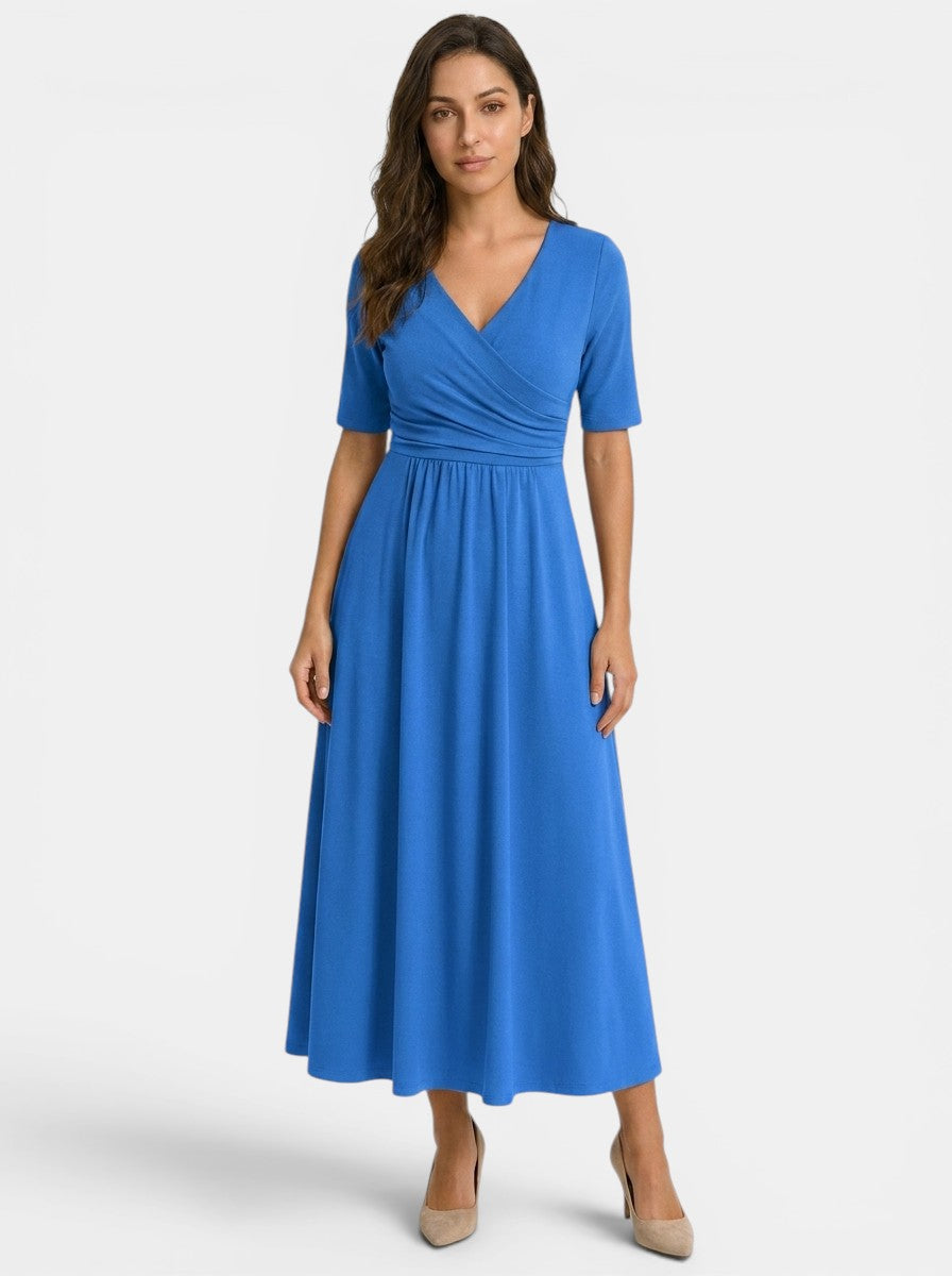 Women's Smooth Midi Dress | Elegant Wrap-Style V-Neck with Pockets