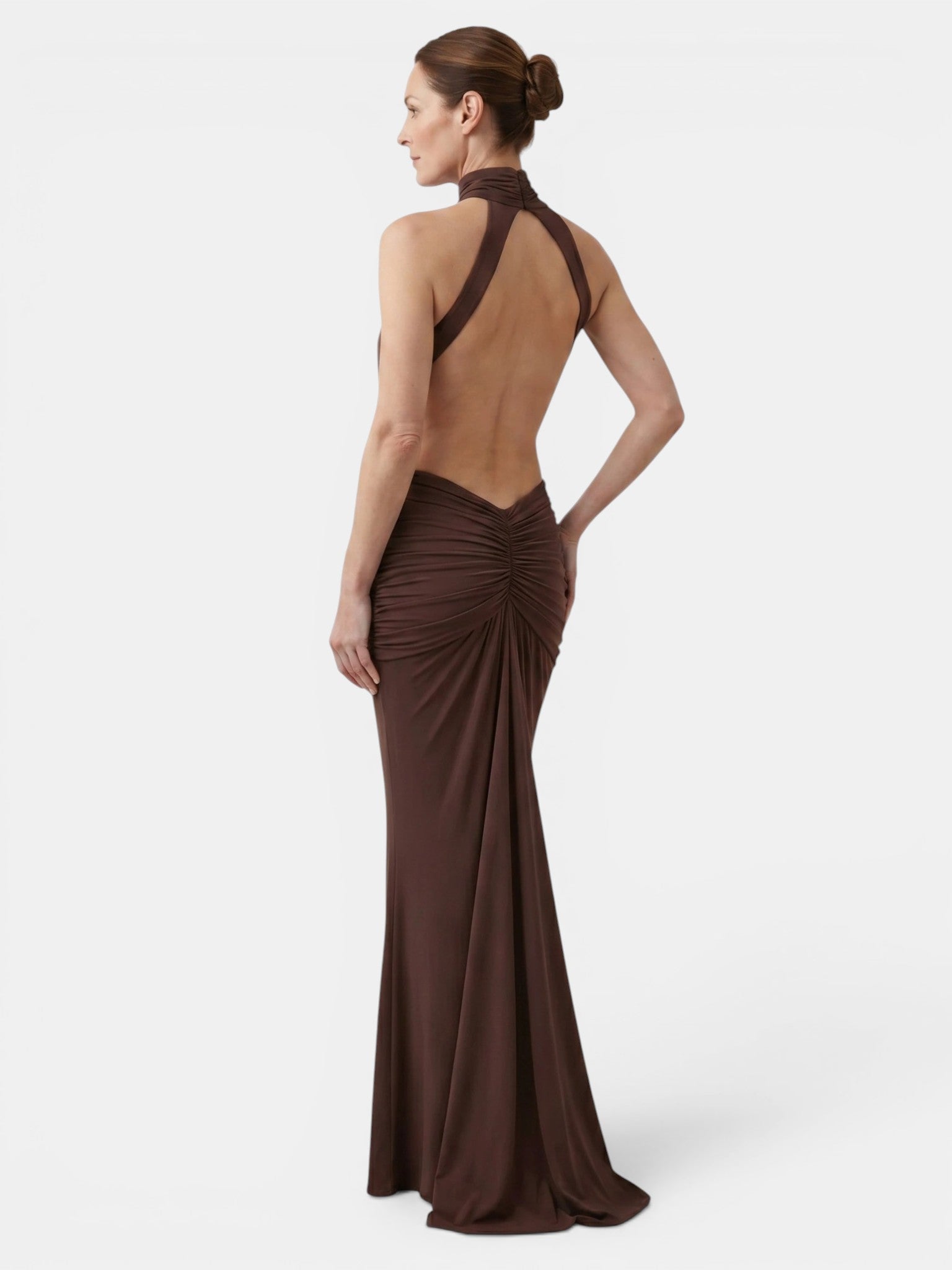 שמלת מקסי נשית רכה עם Draped | עיצוב צווארון גבוה וגב חשוף
