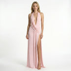 Vestido largo femenino suave y fluido | Estilo halter elegante con abertura alta para ocasiones formales