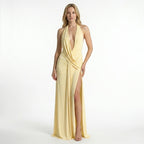 Vestido largo femenino suave y fluido | Estilo halter elegante con abertura alta para ocasiones formales