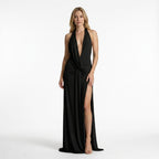 Vestido largo femenino suave y fluido | Estilo halter elegante con abertura alta para ocasiones formales