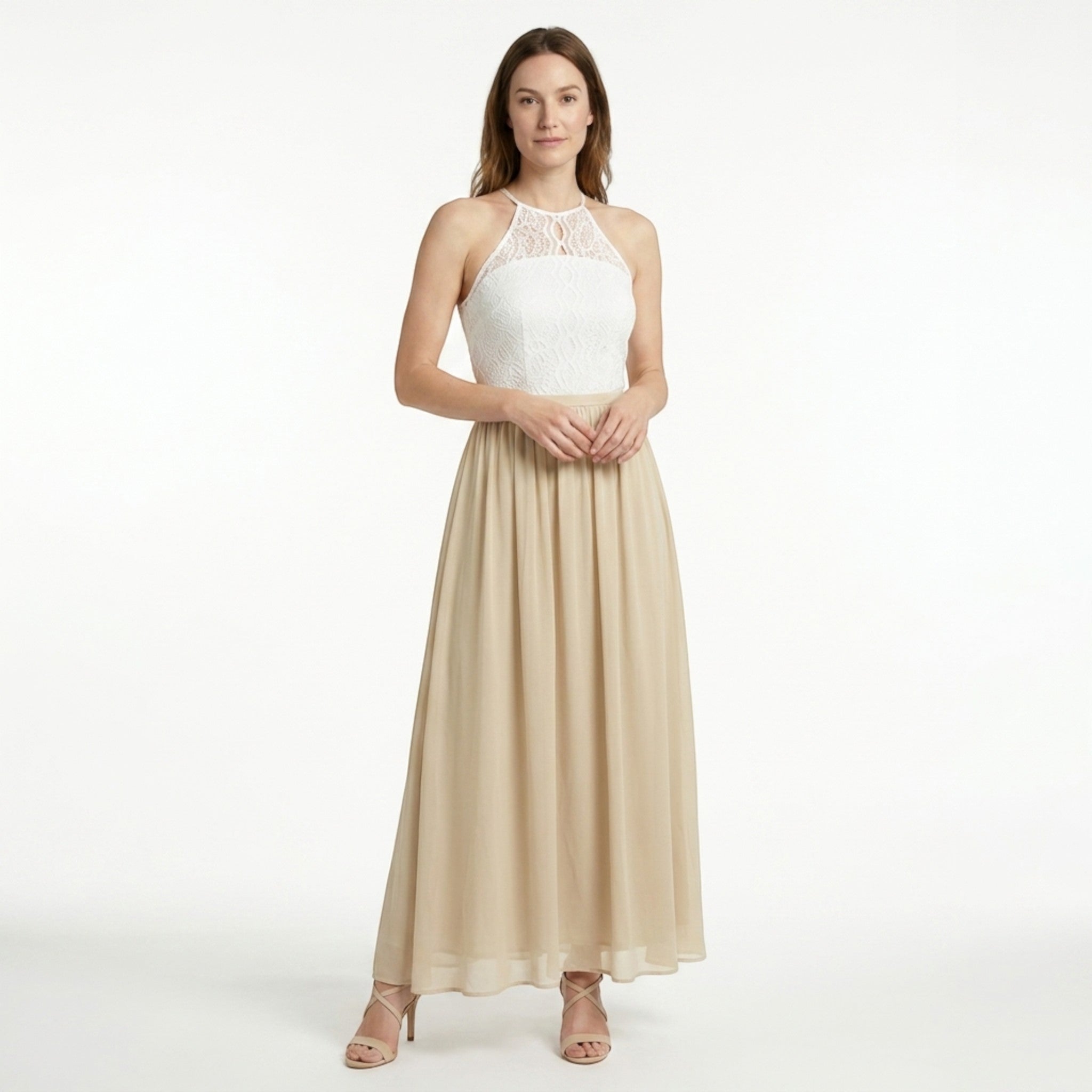Robe longue douce à couches pour femme | Col halter élégant pour occasions estivales
