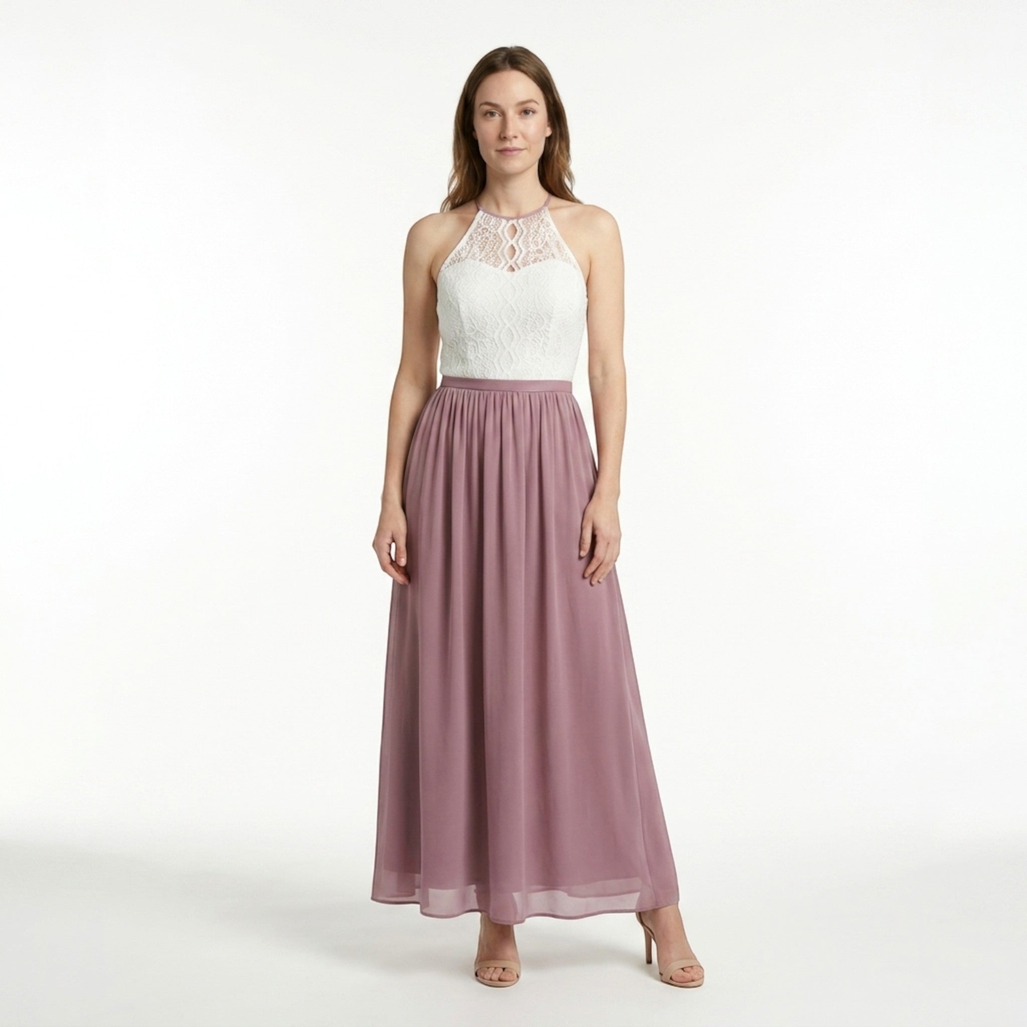 Robe longue douce à couches pour femme | Col halter élégant pour occasions estivales