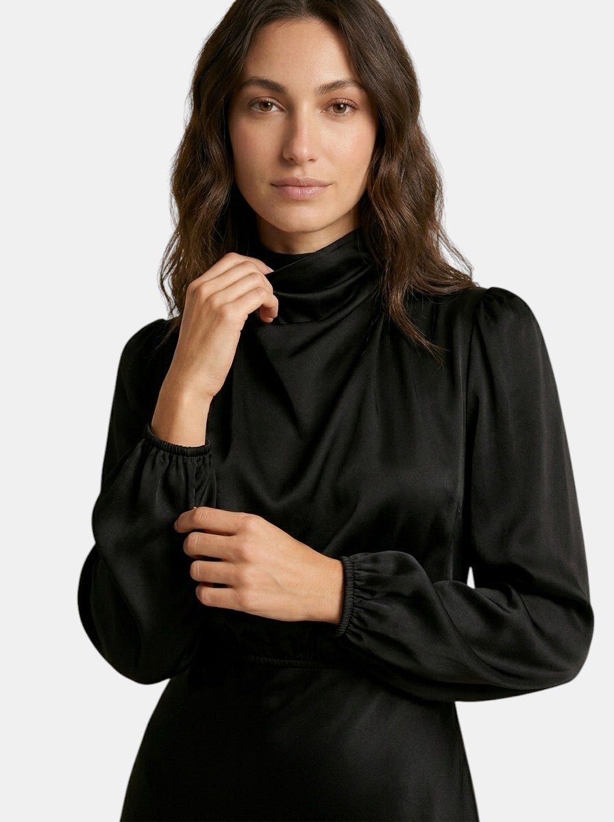Robe midi fluide pour femme | Robe formelle élégante à col montant et manches longues