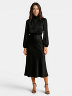 Women's Softly Draped Midi Dress | Elegant High-Neck Long Sleeve Formal Dress