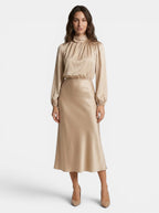 Women's Softly Draped Midi Dress | Elegant High-Neck Long Sleeve Formal Dress