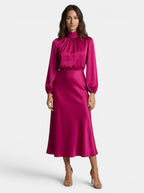Women's Softly Draped Midi Dress | Elegant High-Neck Long Sleeve Formal Dress