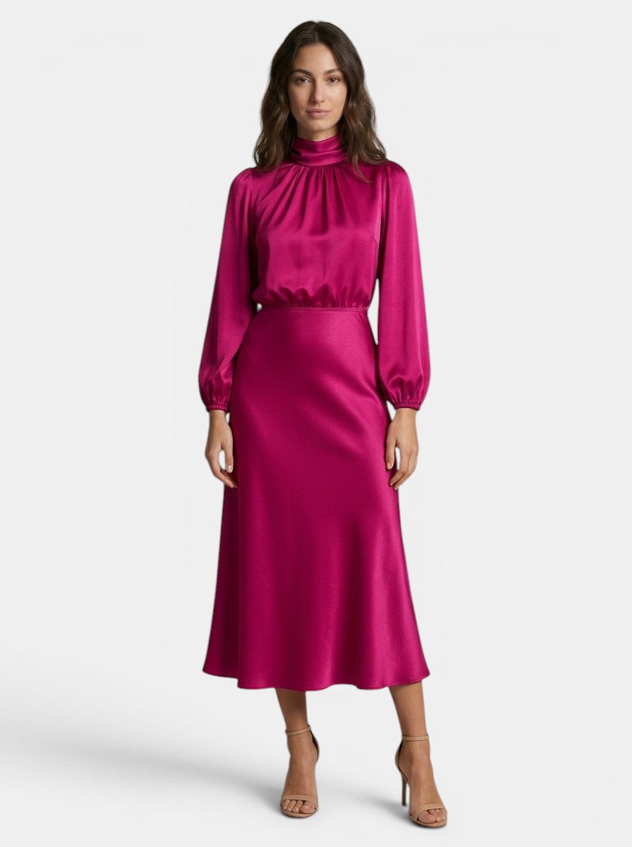 Robe midi fluide pour femme | Robe formelle élégante à col montant et manches longues