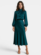 Women's Softly Draped Midi Dress | Elegant High-Neck Long Sleeve Formal Dress