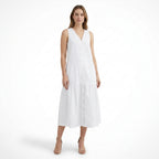 Vestido largo de lino sólido para mujer | Elegante vestido de verano sin mangas con escote en V