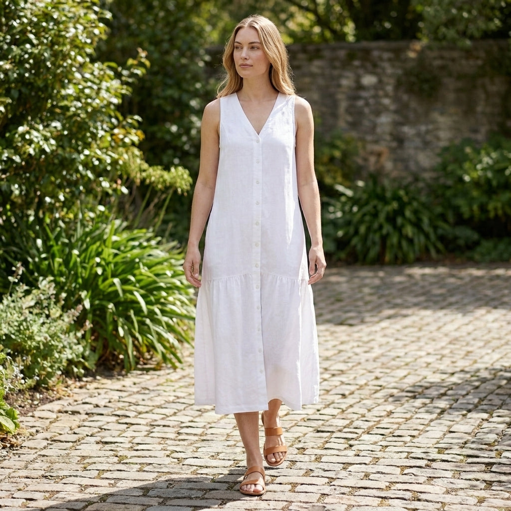Vestido largo de lino sólido para mujer | Elegante vestido de verano sin mangas con escote en V